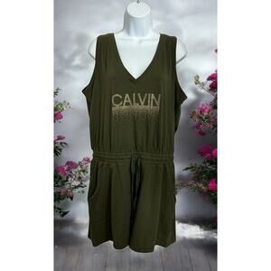 Calvin Klein Olive Green Romper Sz Large Shorts Sleeveless V-Neck Pockets